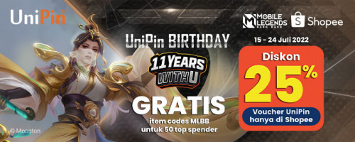 #11YearsWithU UniPin bareng Shopee – Promo diskon 25% Voucher UniPin dan GRATIS item codes Mobile Legends Bang Bang di Shopee